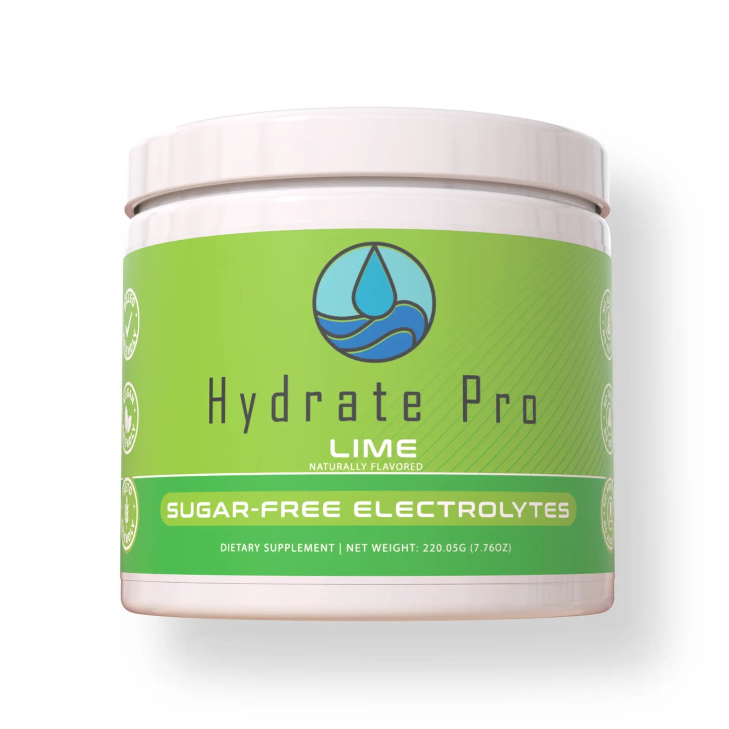 Hydrate Pro lime sugar-free electrolytes container on a white background
