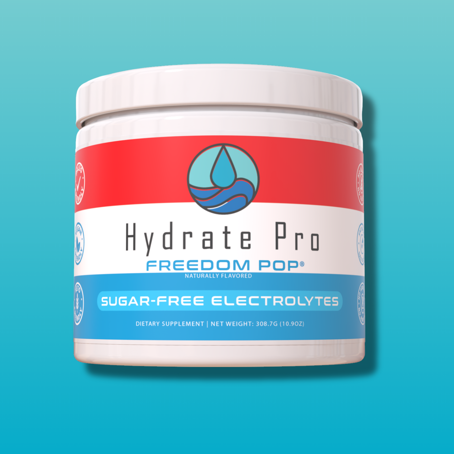 Hydrate Pro Freedom Pop canister on blue background, patriotic theme with sugar-free label.