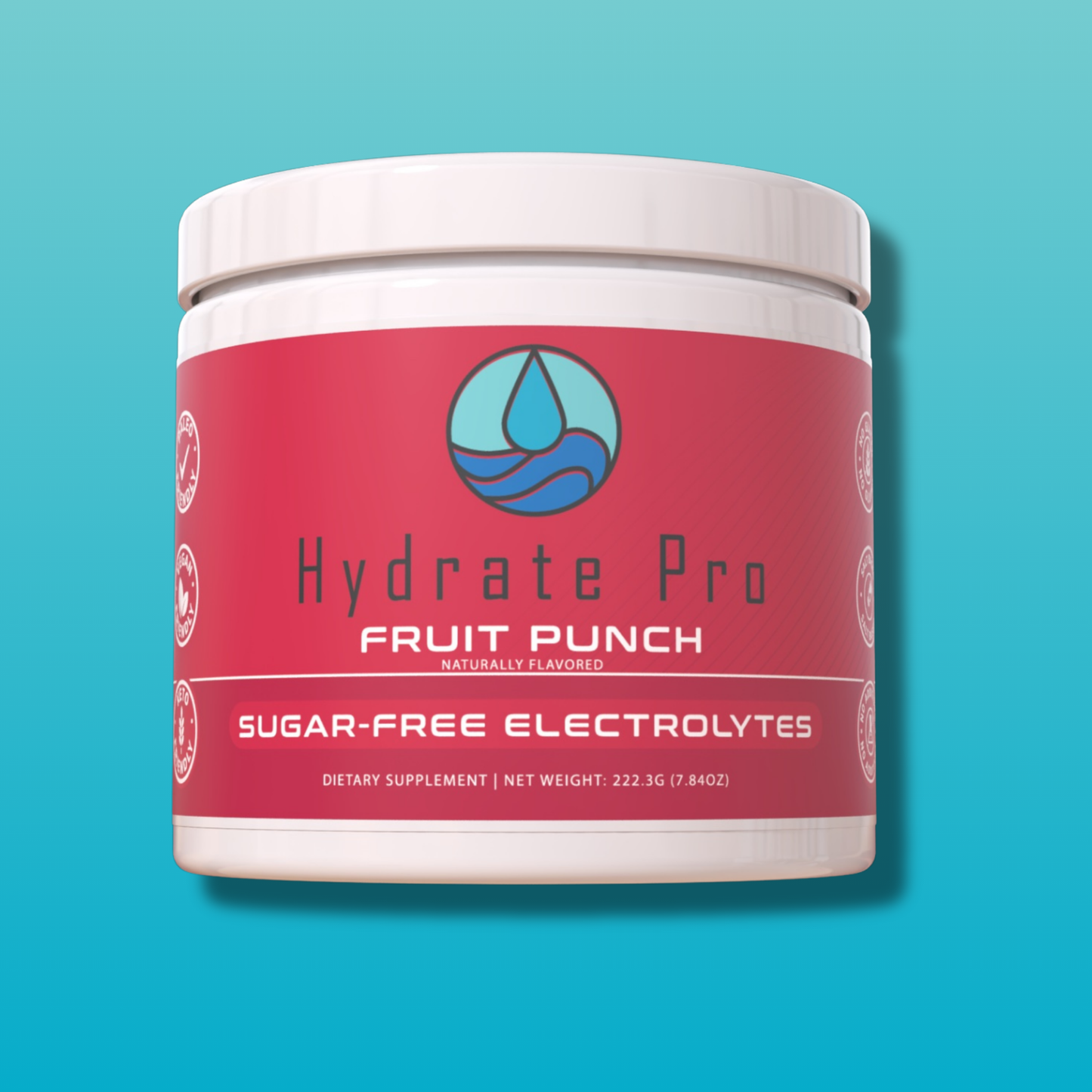 Hydrate Pro Fruit Punch canister on blue background, showcasing sugar-free electrolytes branding.