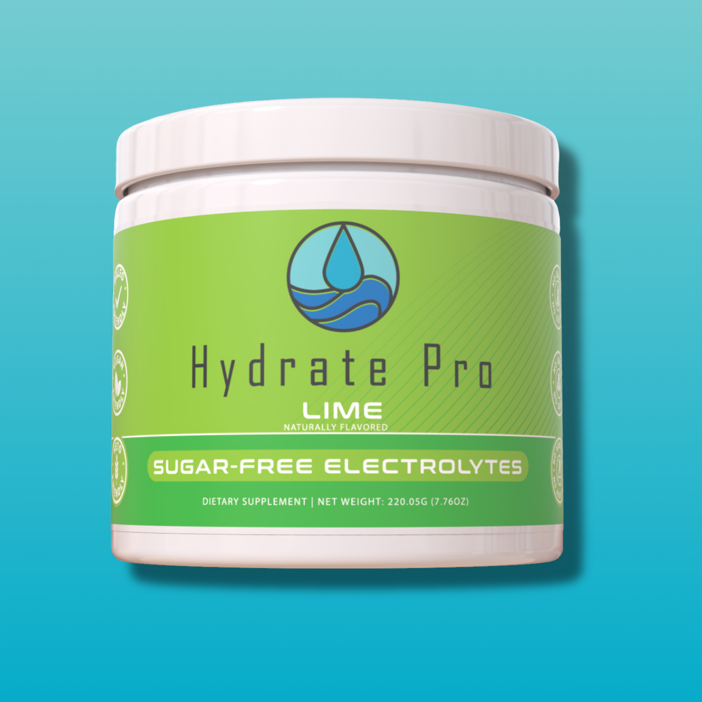 Hydrate Pro Lime canister on consistent blue background, promoting sugar-free electrolytes.