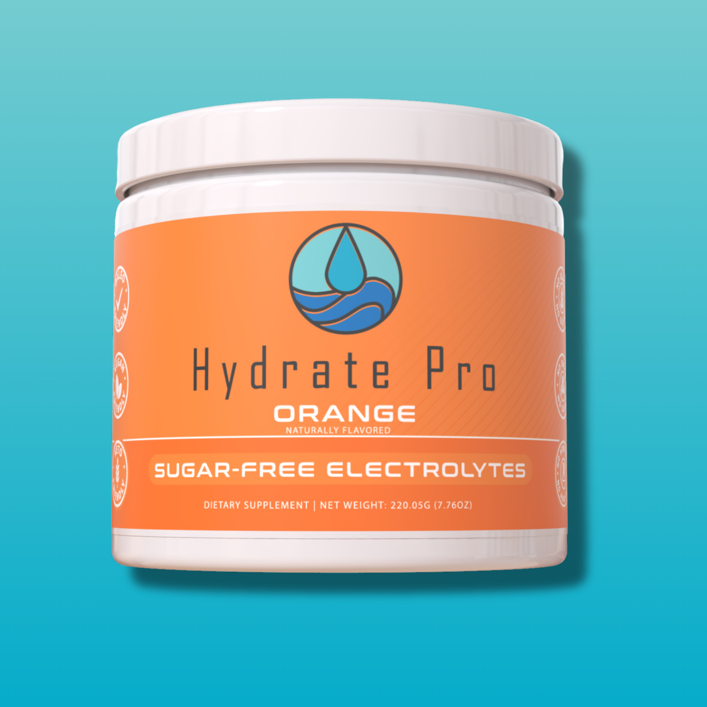 Hydrate Pro Orange canister on blue background, emphasizing sugar-free hydration.