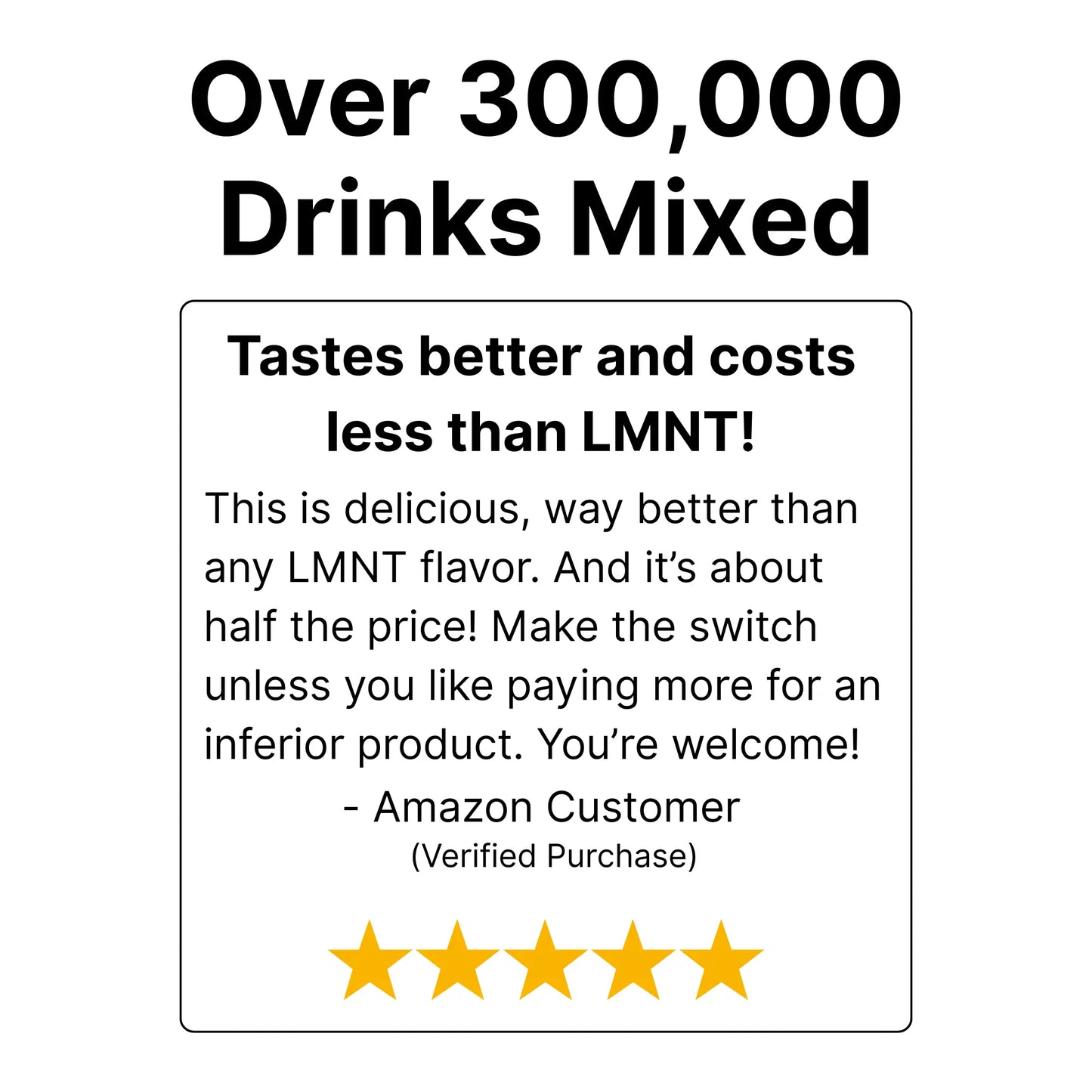 Product review with text praising the drink's taste and cost compared to a competitor, featuring five-star rating.