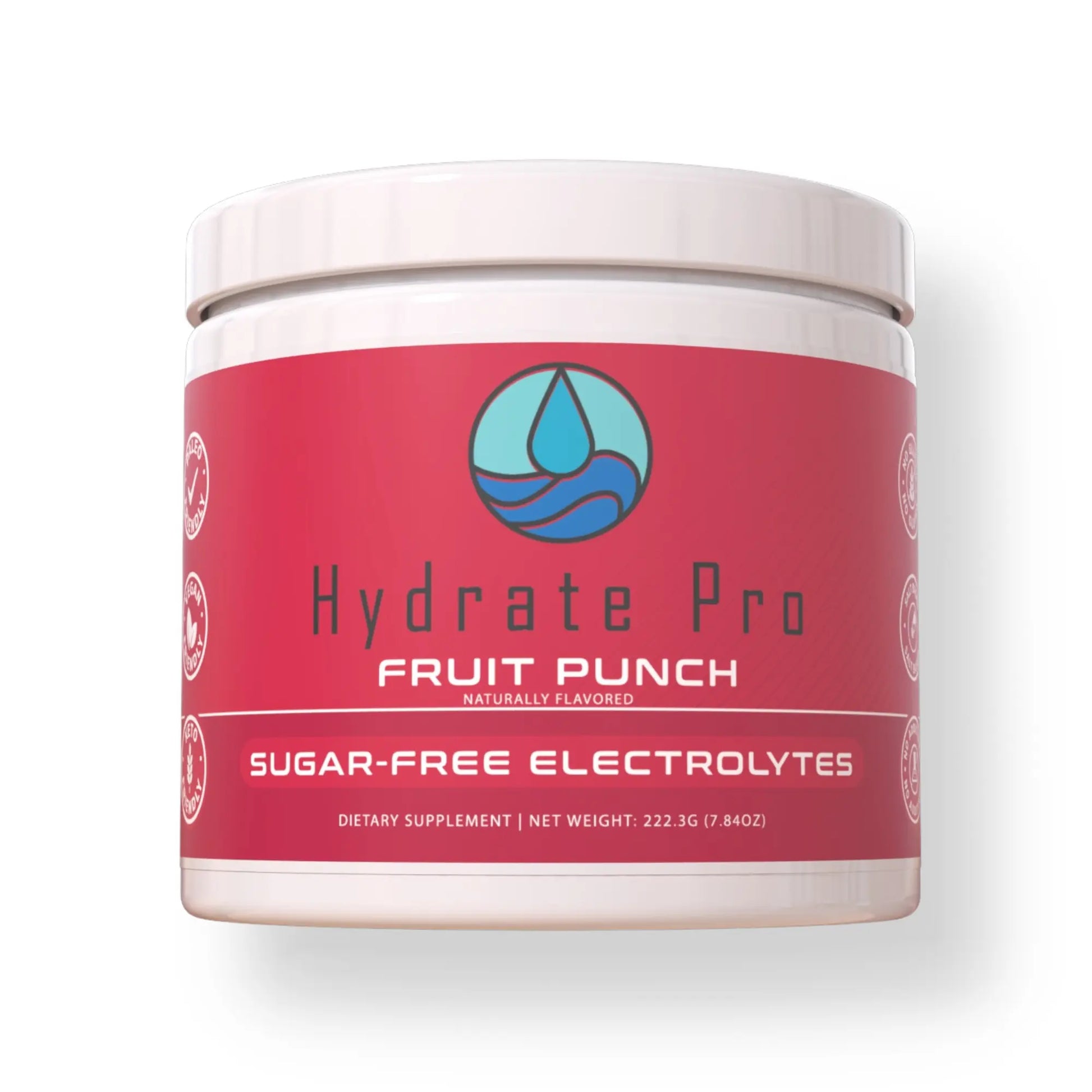 Hydrate Pro Fruit Punch sugar-free electrolytes container on a white background