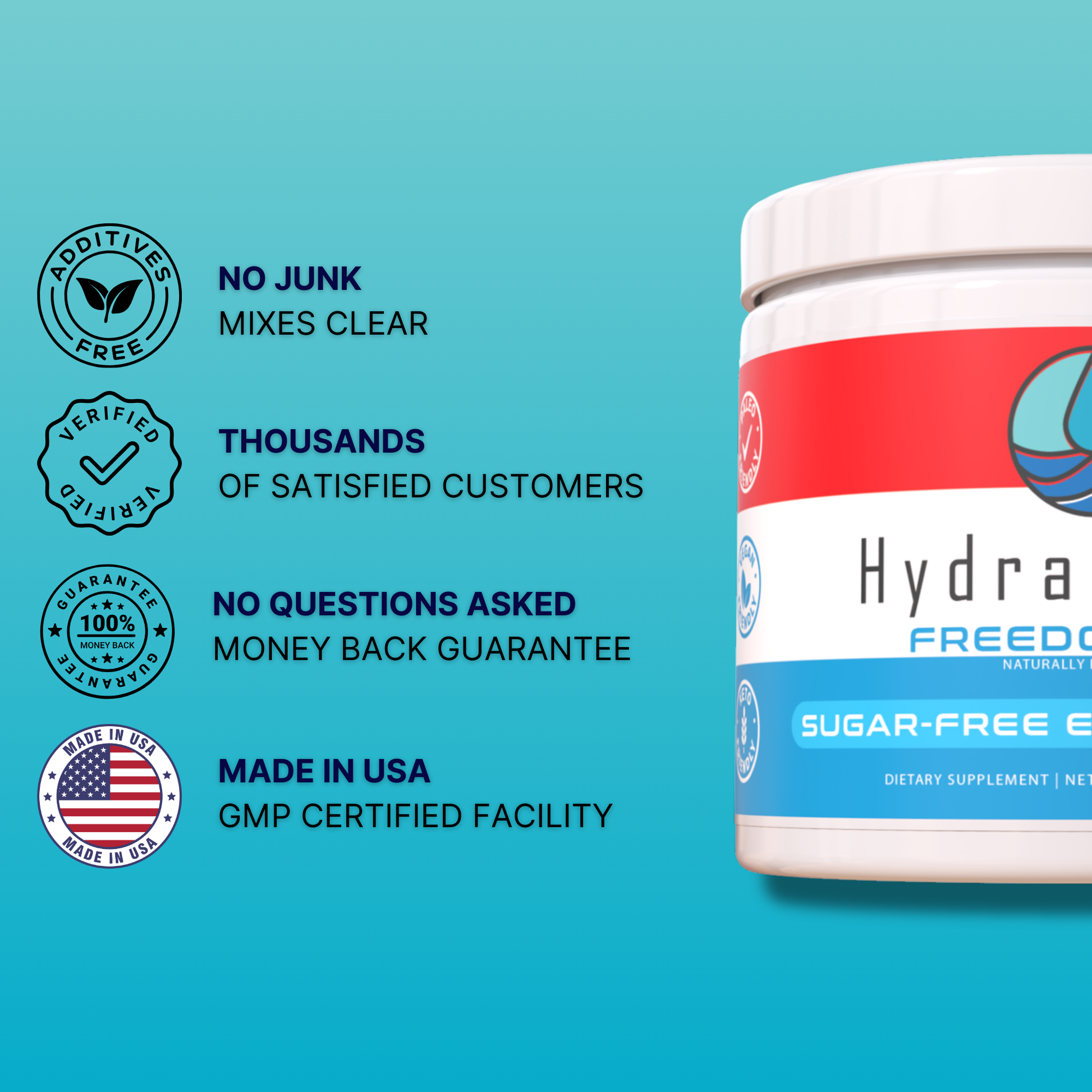 Hydrate Pro Freedom Pop trust icons: additive-free, verified buyers, USA GMP production.