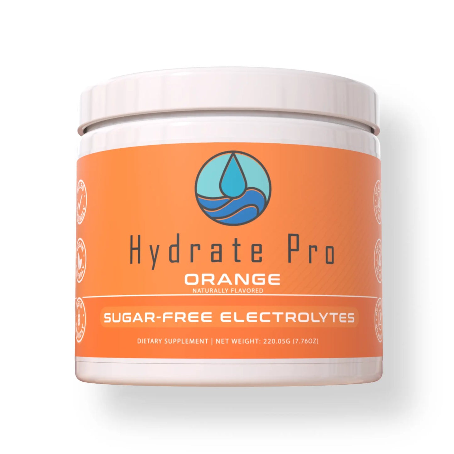 Hydrate Pro sugar-free electrolytes container with orange label on a white background