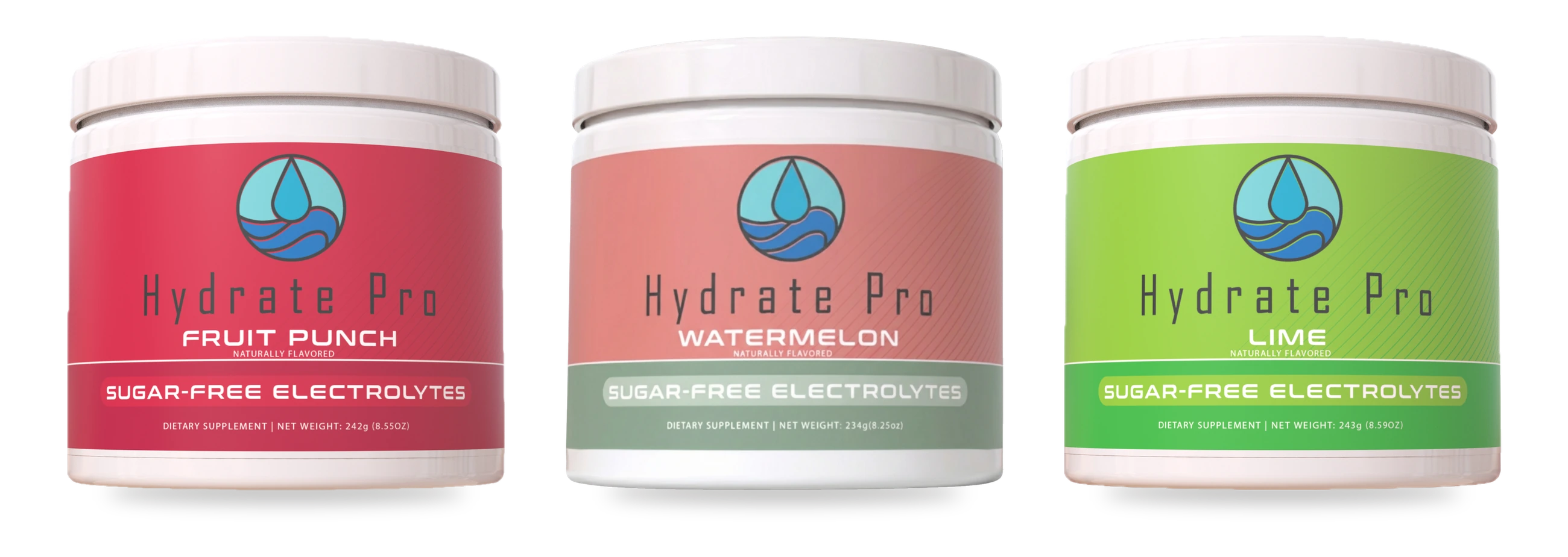 Three white plastic jars of Hydrate Pro sugar-free electrolytes shown side by side on a white background. The labels are colored red, pink, and green, representing Fruit Punch, Watermelon, and Lime flavors.